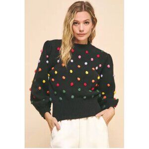 Davi & Dani pom sweater Sz‎ S Black Balloon Sleeves Casual School Party